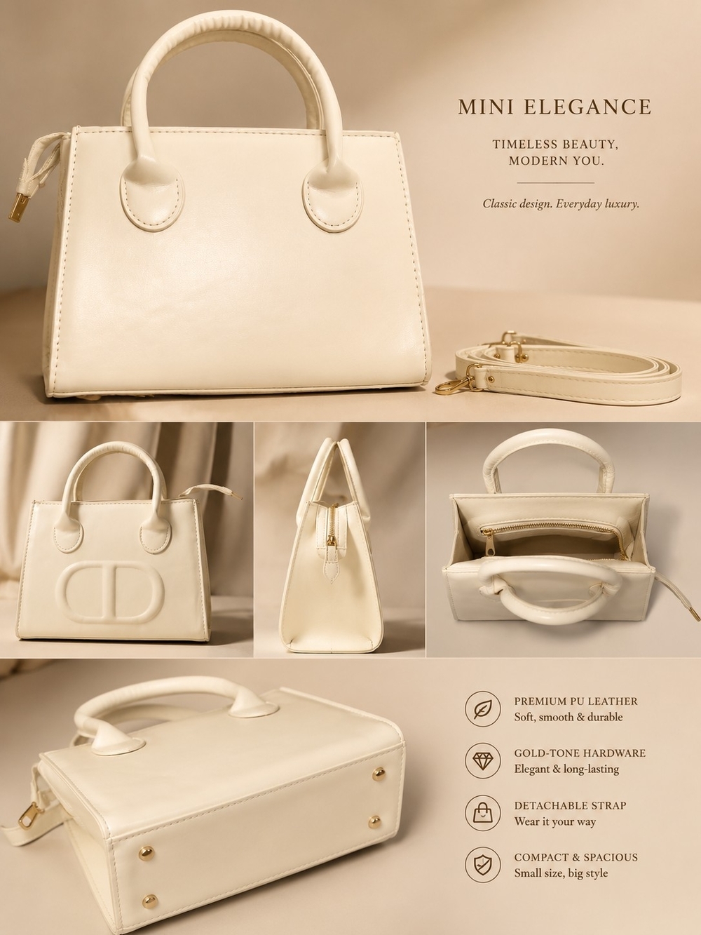 Cream Mini Top-Handle Satchel with Detachable Strap